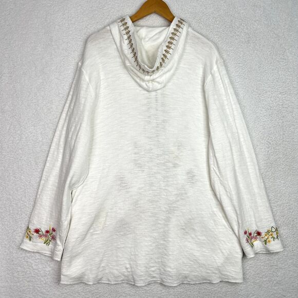 Boho Lagenlook Embroidered Jacket Hoodie Plus 2X White Cotton Floral Butterfly - Picture 11 of 16
